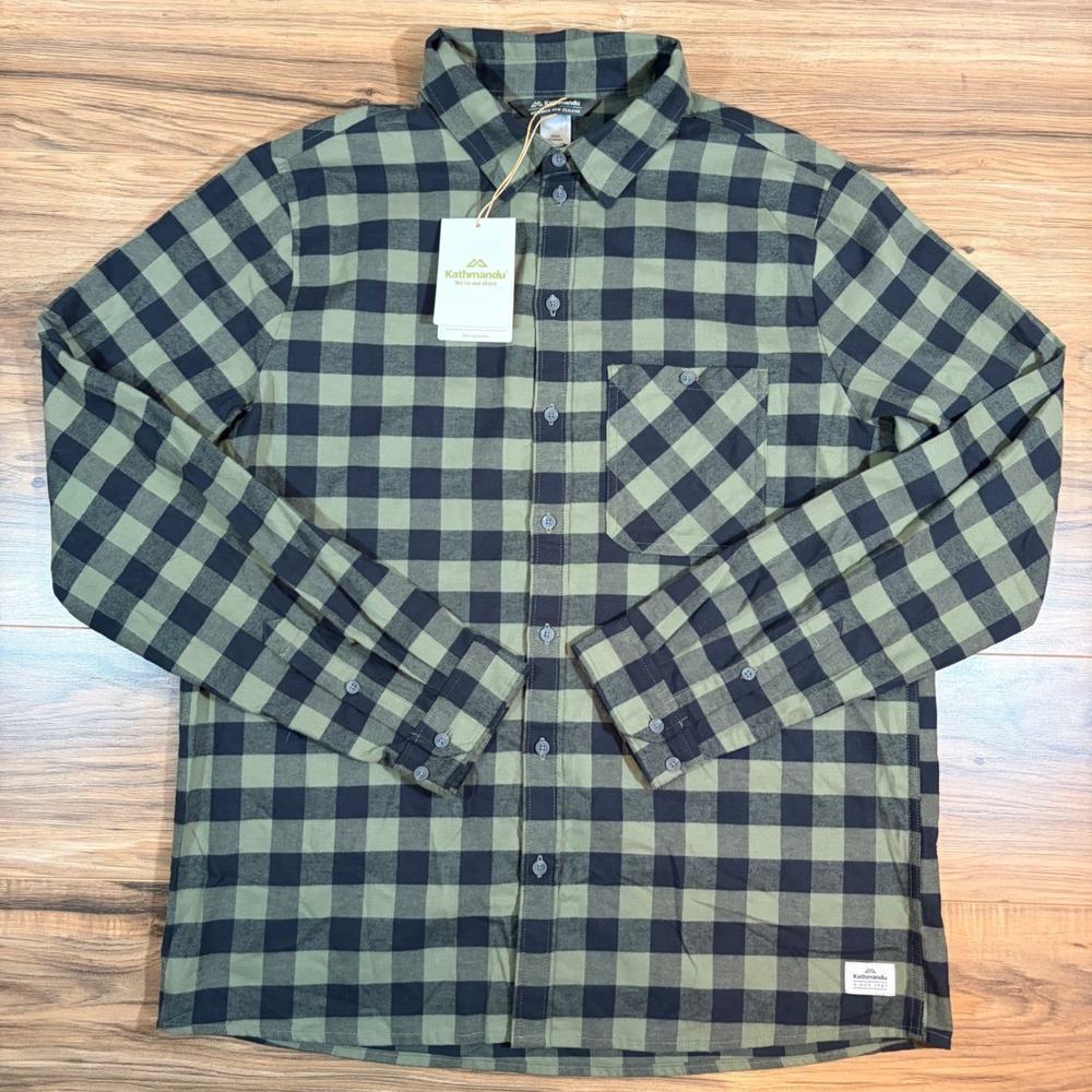 Kathmandu Fyfe Flannel Shirt Mens XL Light Moss Gingham Organic Cotton Green